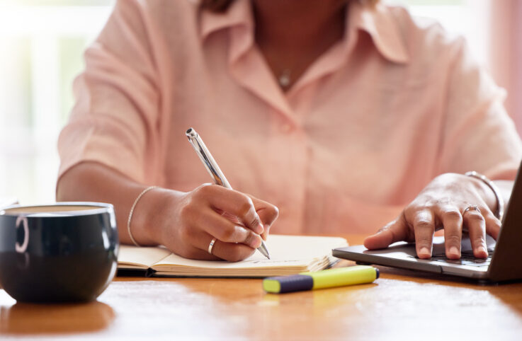 Writing, Planning And Woman Hands On Laptop For Online Course, Remote University Education And Research. Young Person Or Gen Z Student On Computer And Notebook For Creative Notes, Ideas And Elearning